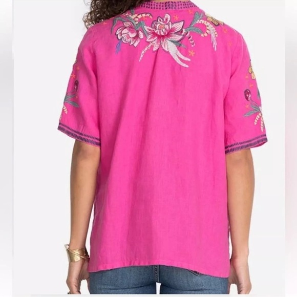 JOHNNY WAS Embroidered Linen Magenta Bohemian Shabby Chic Tunic Top SZ L - Picture 2 of 9
